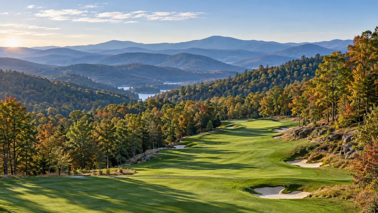 A mountain golf course framed by the Blue Ridge landscape in early fall