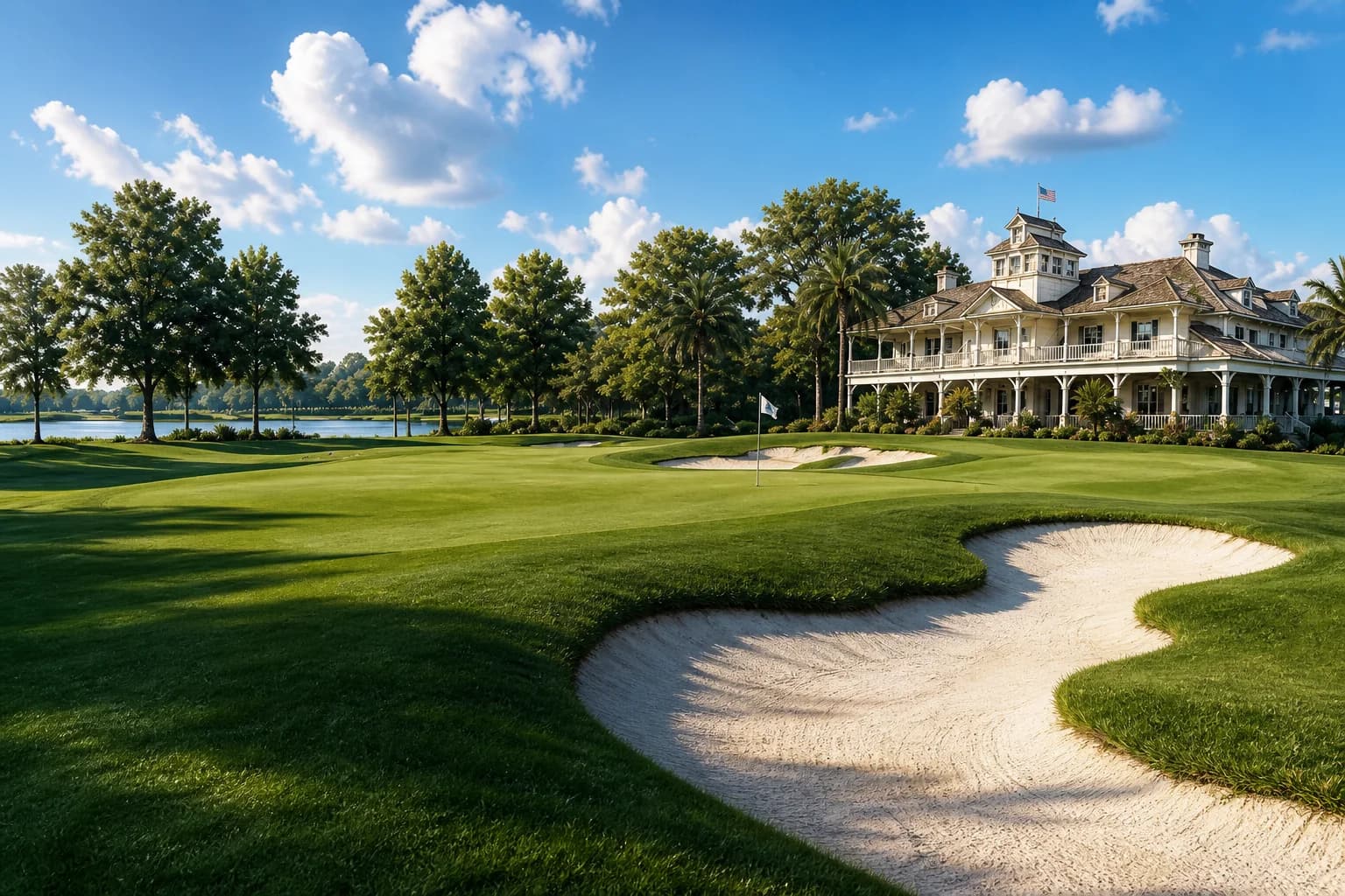 Golf course and clubhouse prepared for a championship tournament