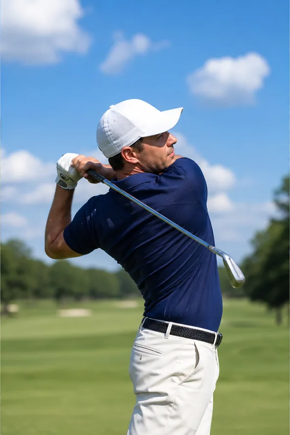 Professional golfer following a shot during tournament play