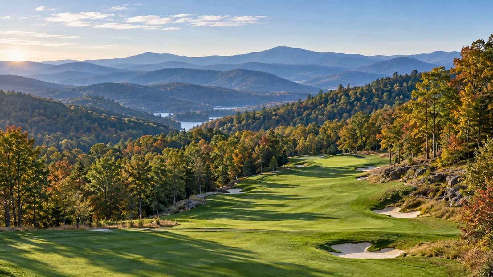 A mountain golf course framed by the Blue Ridge landscape in early fall