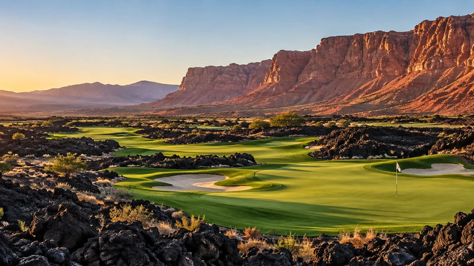 A desert golf course winding through black lava beneath red sandstone cliffs in southern Utah
