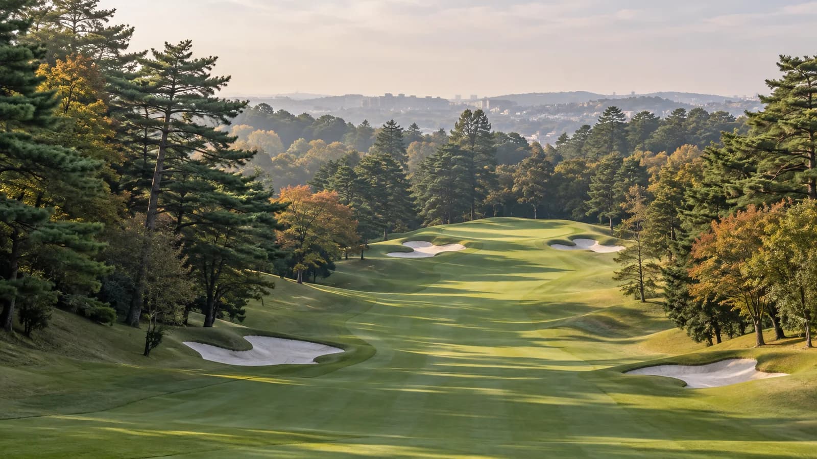 Editorial artwork of a tree-lined golf hole with rolling fairways, white bunkers, and early-autumn color