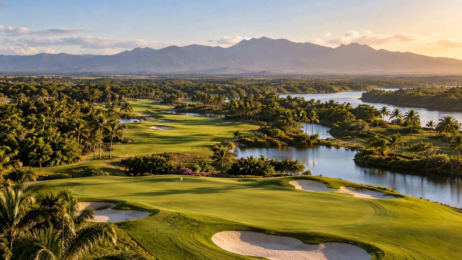 Aerial view of a palm-lined golf green and fairway beside a winding river, with the Sierra Madre mountains glowing at sunset